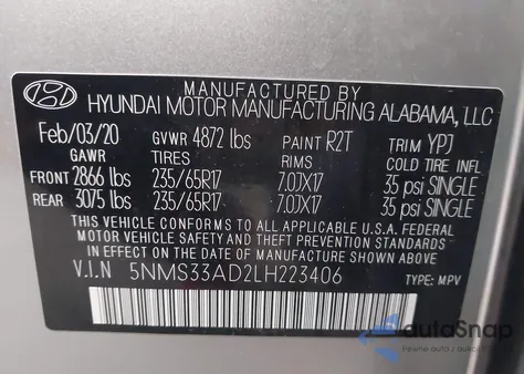 2020 Hyundai Santa Fe Sel из США, поврежденный, VIN 5NMS33AD2LH223406